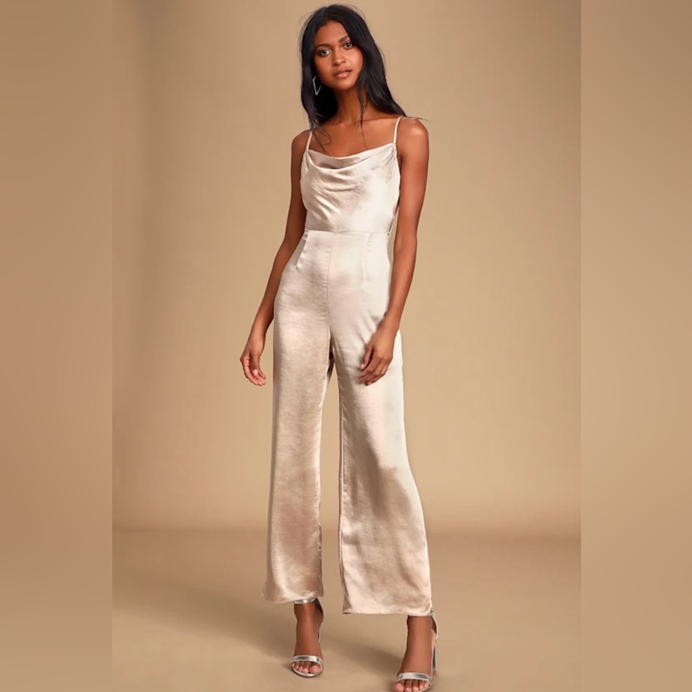 Lulus Lush Satin Cowl-Neck Wide-Leg Jumpsuit in Champagne